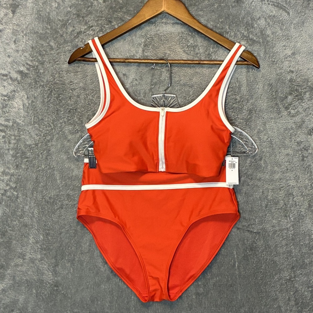 Old Navy Womens Zip Front Bikini Swim Suit M Full Coverage Colorblock Sporty NWT